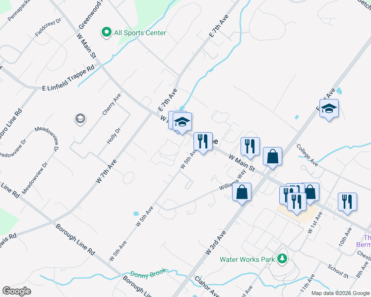 map of restaurants, bars, coffee shops, grocery stores, and more near 25 West 5th Avenue in Collegeville