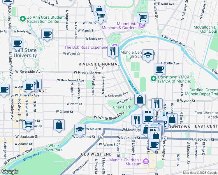 map of restaurants, bars, coffee shops, grocery stores, and more near 705 West Ashland Avenue in Muncie