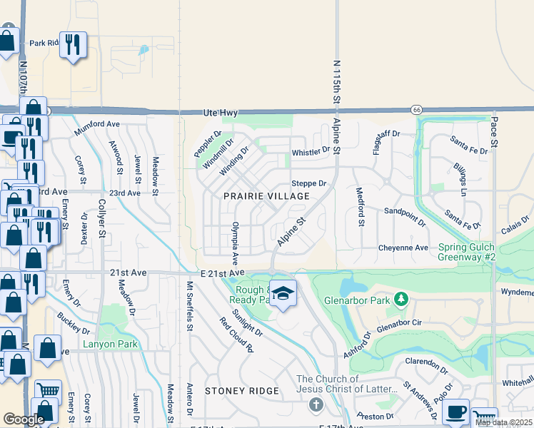 map of restaurants, bars, coffee shops, grocery stores, and more near 321 Homestead Parkway in Longmont