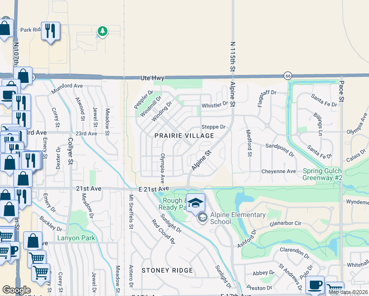 map of restaurants, bars, coffee shops, grocery stores, and more near 321 Homestead Parkway in Longmont