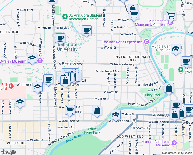 map of restaurants, bars, coffee shops, grocery stores, and more near 1400 West University Avenue in Muncie
