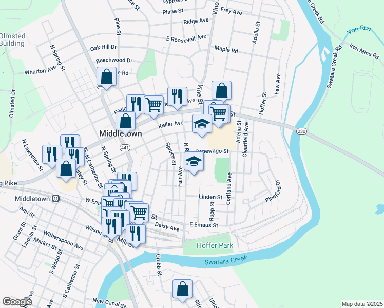 map of restaurants, bars, coffee shops, grocery stores, and more near 236 North Race Street in Middletown