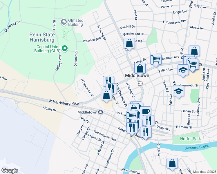 map of restaurants, bars, coffee shops, grocery stores, and more near 247 West Main Street in Middletown
