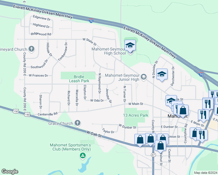 map of restaurants, bars, coffee shops, grocery stores, and more near 210 Jennifer Drive in Mahomet