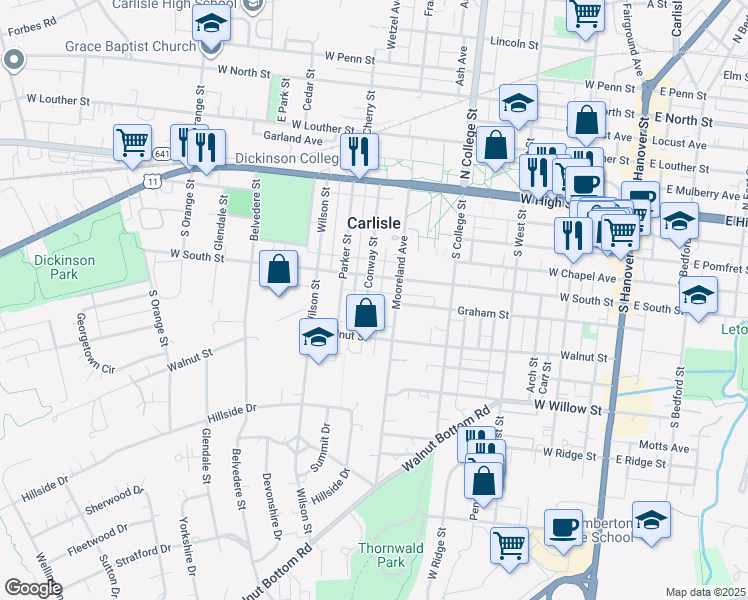 map of restaurants, bars, coffee shops, grocery stores, and more near 227 Conway Street in Carlisle