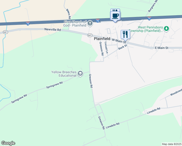 map of restaurants, bars, coffee shops, grocery stores, and more near 205 Greason Road in Plainfield