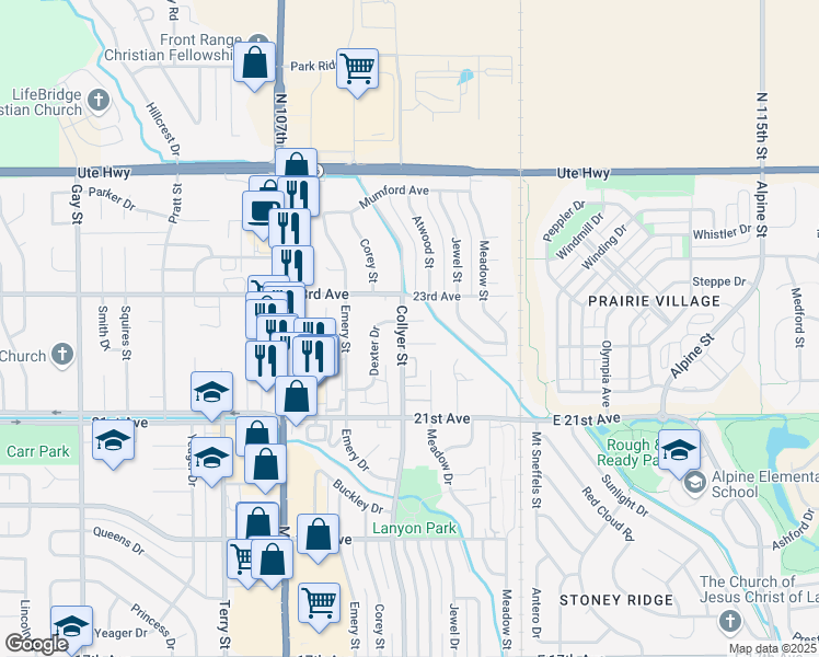 map of restaurants, bars, coffee shops, grocery stores, and more near 2271 Dexter Drive in Longmont