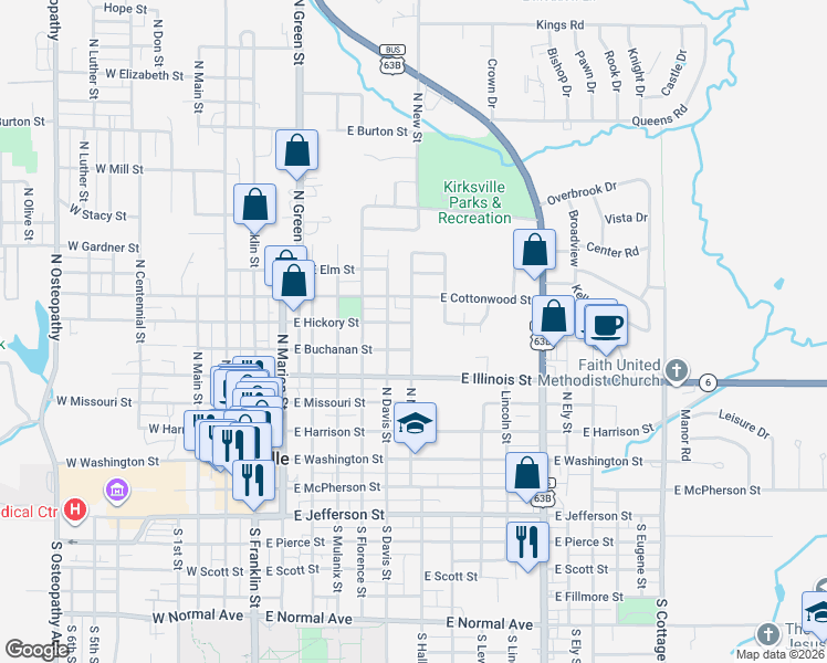 map of restaurants, bars, coffee shops, grocery stores, and more near 512 North New Street in Kirksville