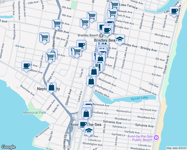 map of restaurants, bars, coffee shops, grocery stores, and more near 49 Main St in Bradley Beach