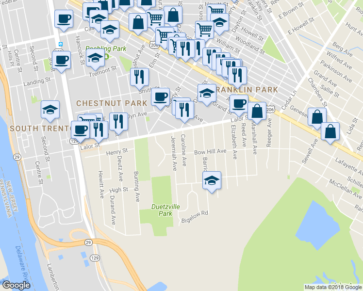 map of restaurants, bars, coffee shops, grocery stores, and more near 51 Caroline Avenue in Hamilton Township