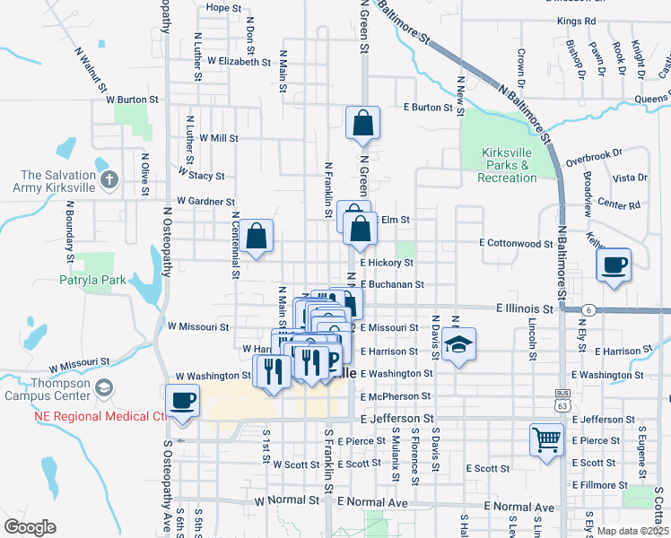 map of restaurants, bars, coffee shops, grocery stores, and more near 512 North Franklin Street in Kirksville