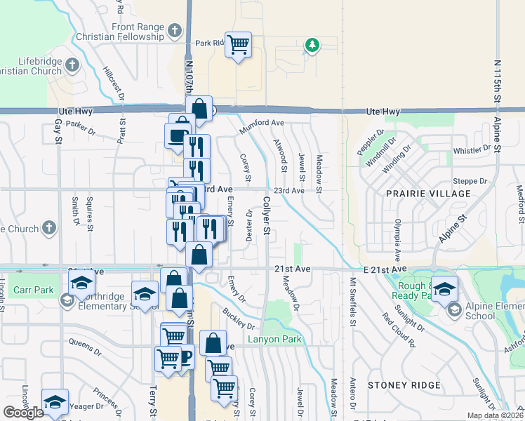 map of restaurants, bars, coffee shops, grocery stores, and more near 2271 Dexter Drive in Longmont