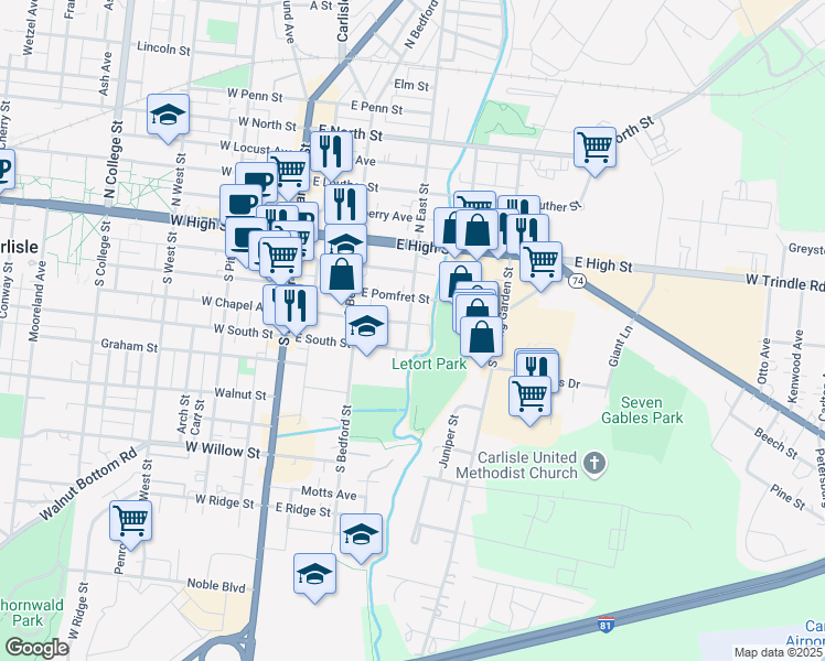 map of restaurants, bars, coffee shops, grocery stores, and more near 139 South East Street in Carlisle
