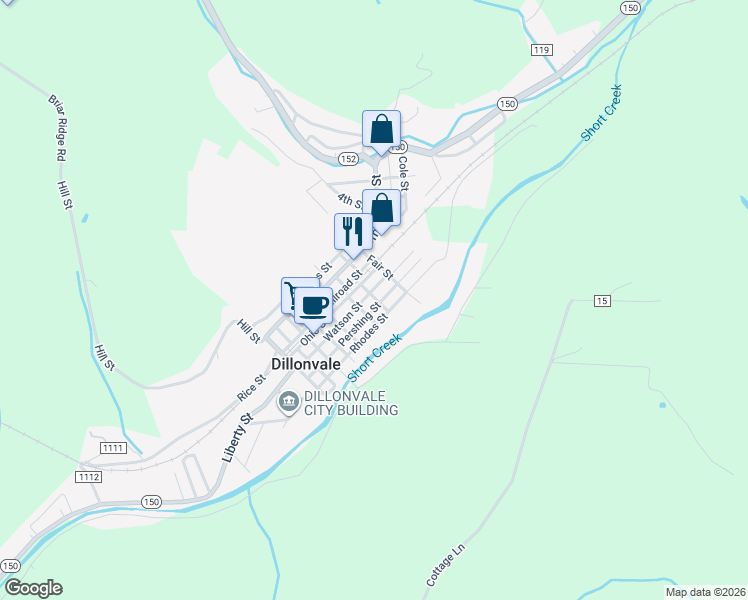 map of restaurants, bars, coffee shops, grocery stores, and more near 34 Watson Street in Dillonvale