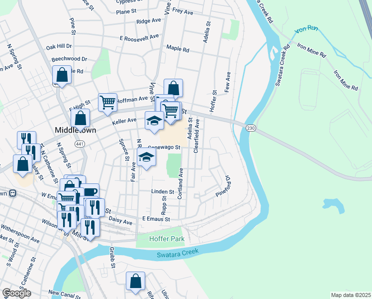 map of restaurants, bars, coffee shops, grocery stores, and more near 221 Adelia Street in Middletown