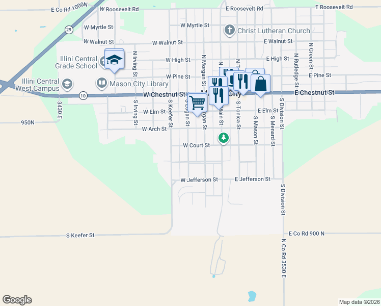 map of restaurants, bars, coffee shops, grocery stores, and more near 409 South Logan Street in Mason City