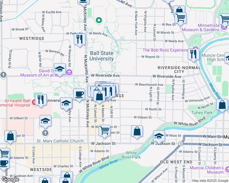 map of restaurants, bars, coffee shops, grocery stores, and more near 1523 West Ashland Avenue in Muncie