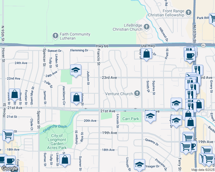 map of restaurants, bars, coffee shops, grocery stores, and more near 2219 Grant Street in Longmont