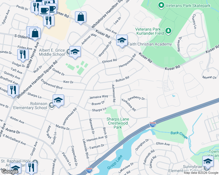 map of restaurants, bars, coffee shops, grocery stores, and more near 78 Englewood Boulevard in Trenton