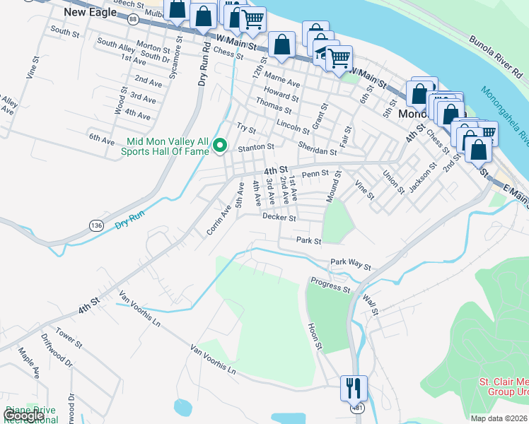 map of restaurants, bars, coffee shops, grocery stores, and more near 1015 Decker Street in Monongahela