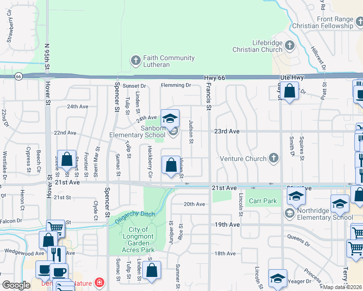 map of restaurants, bars, coffee shops, grocery stores, and more near 2219 Judson Street in Longmont