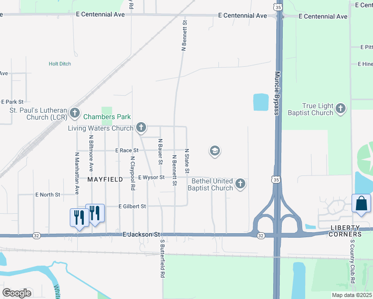 map of restaurants, bars, coffee shops, grocery stores, and more near 600 North State Street in Muncie