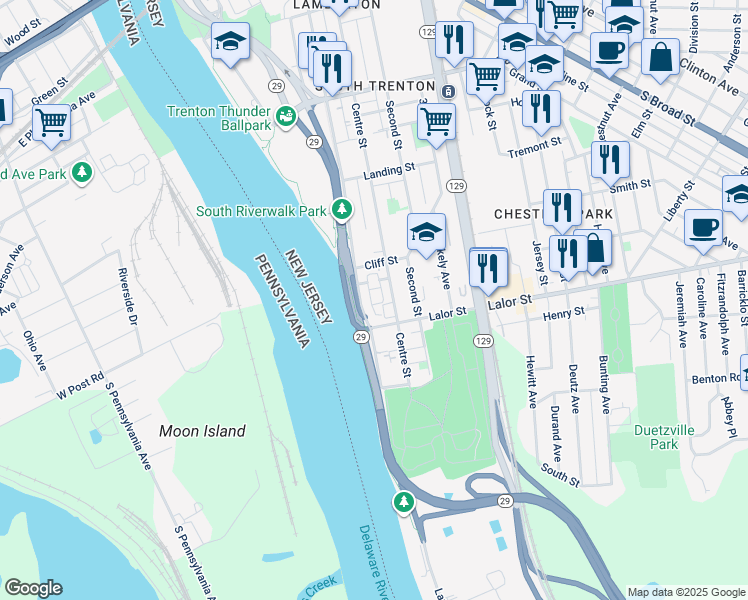 map of restaurants, bars, coffee shops, grocery stores, and more near 1 Old Stock Lane in Trenton