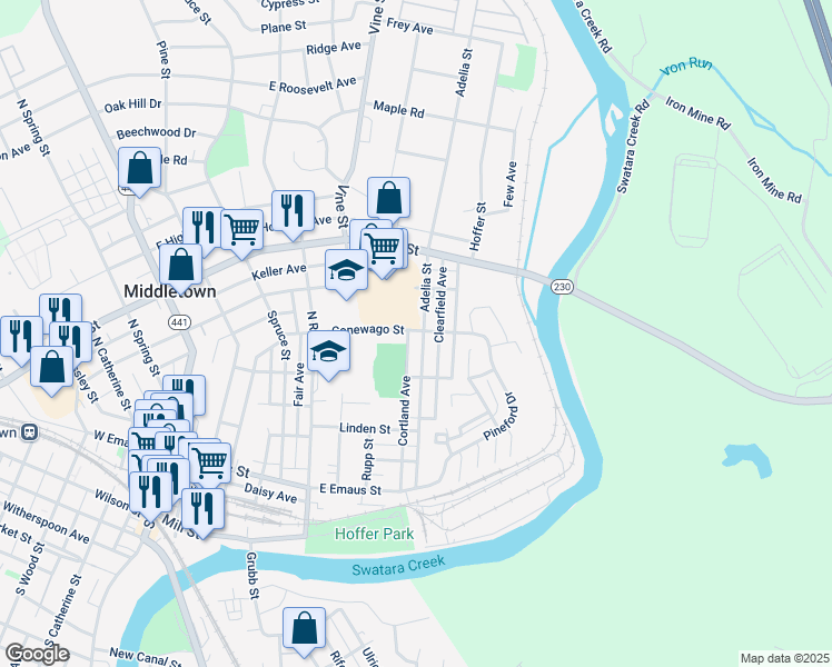 map of restaurants, bars, coffee shops, grocery stores, and more near 221 Adelia Street in Middletown
