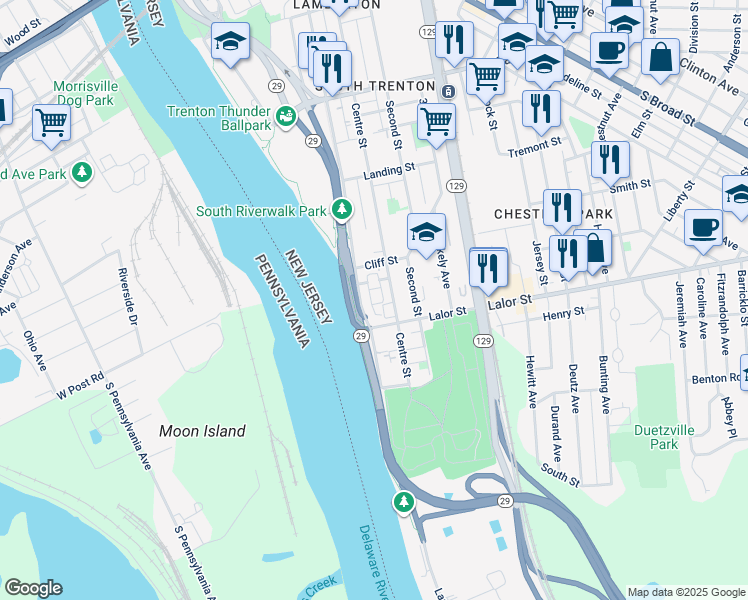 map of restaurants, bars, coffee shops, grocery stores, and more near 1 Old Stock Lane in Trenton