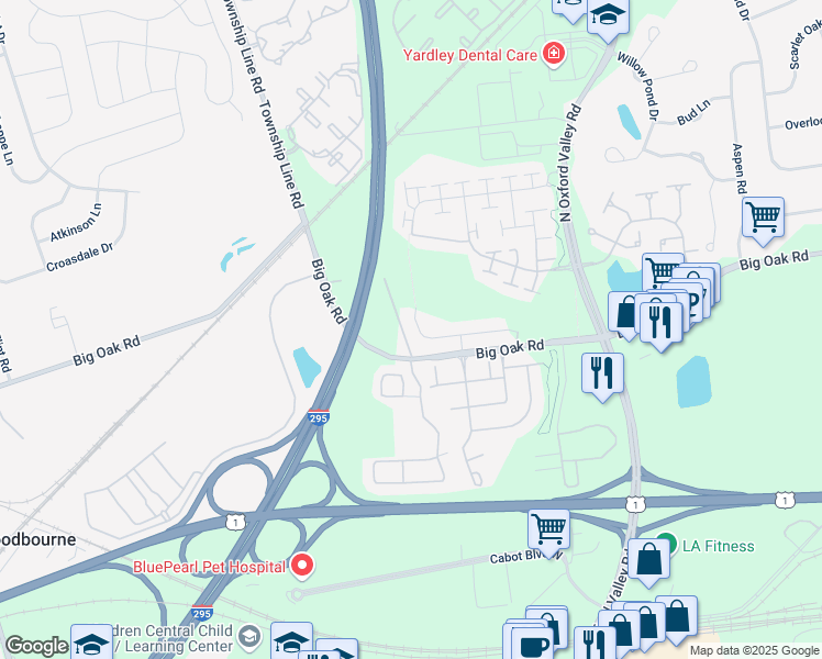 map of restaurants, bars, coffee shops, grocery stores, and more near 14 Griffin Way in Yardley