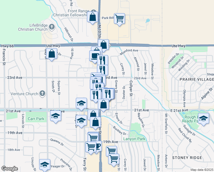 map of restaurants, bars, coffee shops, grocery stores, and more near 2210 Main Street in Longmont