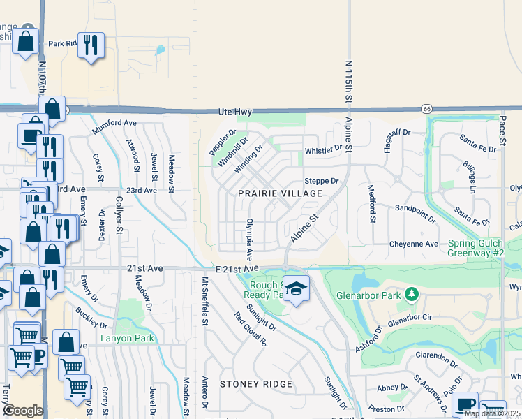 map of restaurants, bars, coffee shops, grocery stores, and more near 2217 Steppe Drive in Longmont
