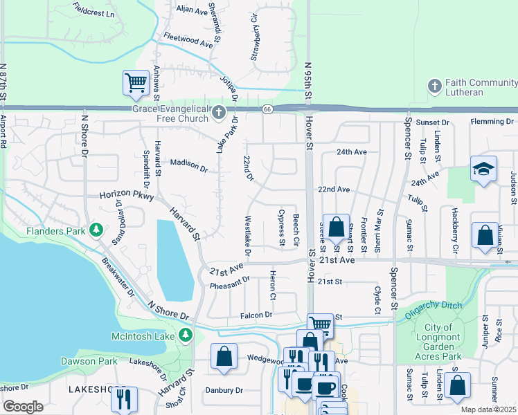 map of restaurants, bars, coffee shops, grocery stores, and more near 2692 Beech Circle in Longmont