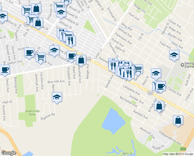 map of restaurants, bars, coffee shops, grocery stores, and more near 77 New Cedar Ln in Trenton
