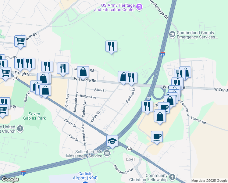 map of restaurants, bars, coffee shops, grocery stores, and more near 201 Allen Street in Carlisle