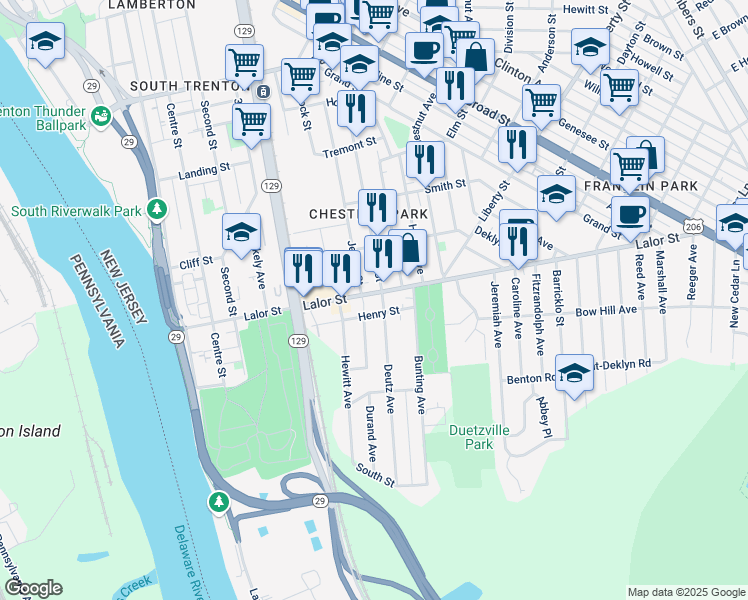 map of restaurants, bars, coffee shops, grocery stores, and more near 559 Lalor St in Trenton