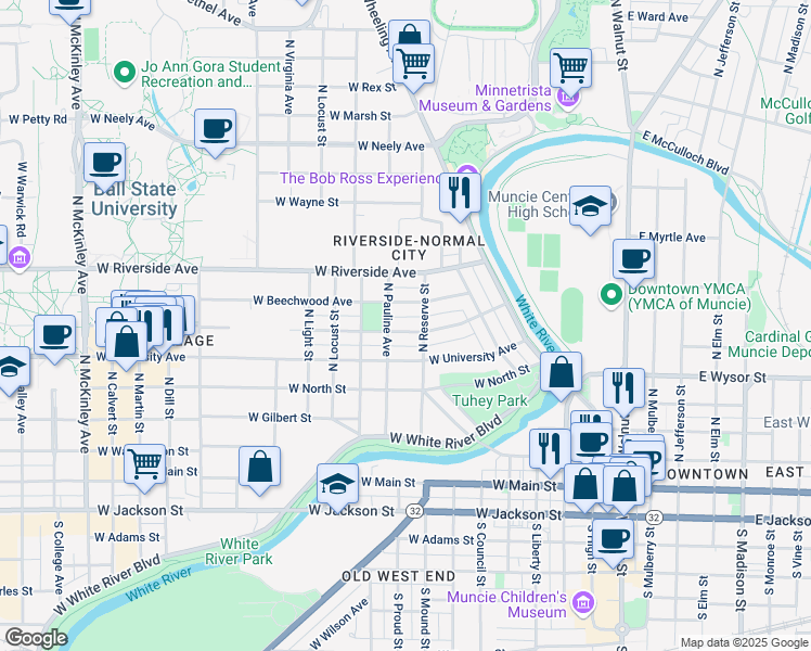 map of restaurants, bars, coffee shops, grocery stores, and more near 810 West Ashland Avenue in Muncie