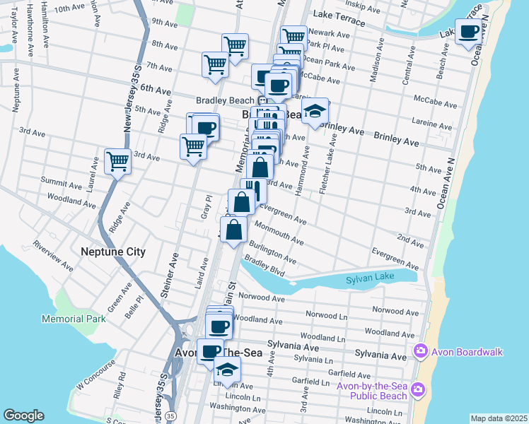 map of restaurants, bars, coffee shops, grocery stores, and more near 27 1/2 Pacific Avenue in Bradley Beach