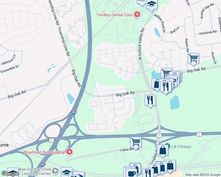 map of restaurants, bars, coffee shops, grocery stores, and more near 43 Griffin Way in Yardley