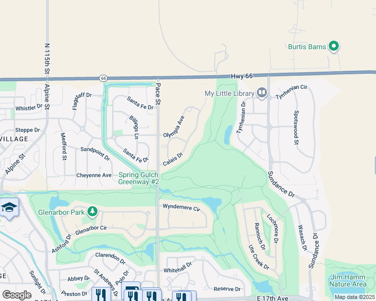 map of restaurants, bars, coffee shops, grocery stores, and more near 2210 Calais Drive in Longmont