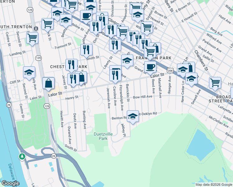 map of restaurants, bars, coffee shops, grocery stores, and more near 52 Caroline Avenue in Hamilton Township