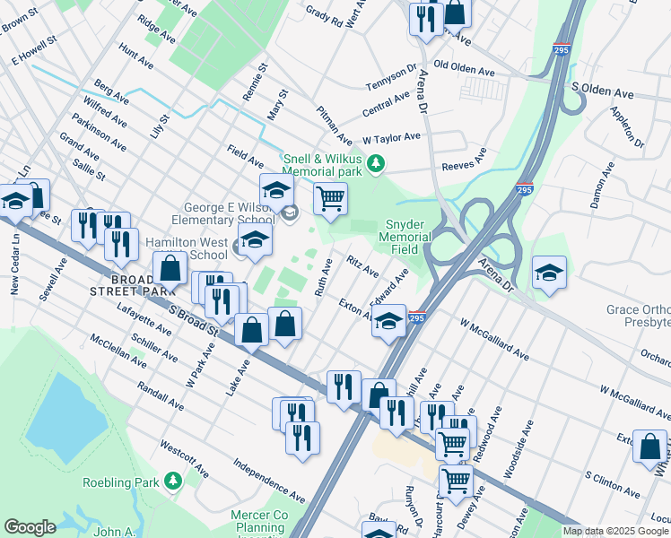 map of restaurants, bars, coffee shops, grocery stores, and more near 223 Ruth Avenue in Trenton