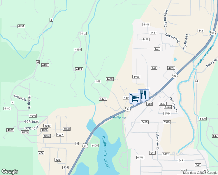 map of restaurants, bars, coffee shops, grocery stores, and more near County Road 442 in Grand Lake