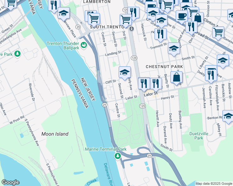 map of restaurants, bars, coffee shops, grocery stores, and more near 749 Centre Street in Trenton