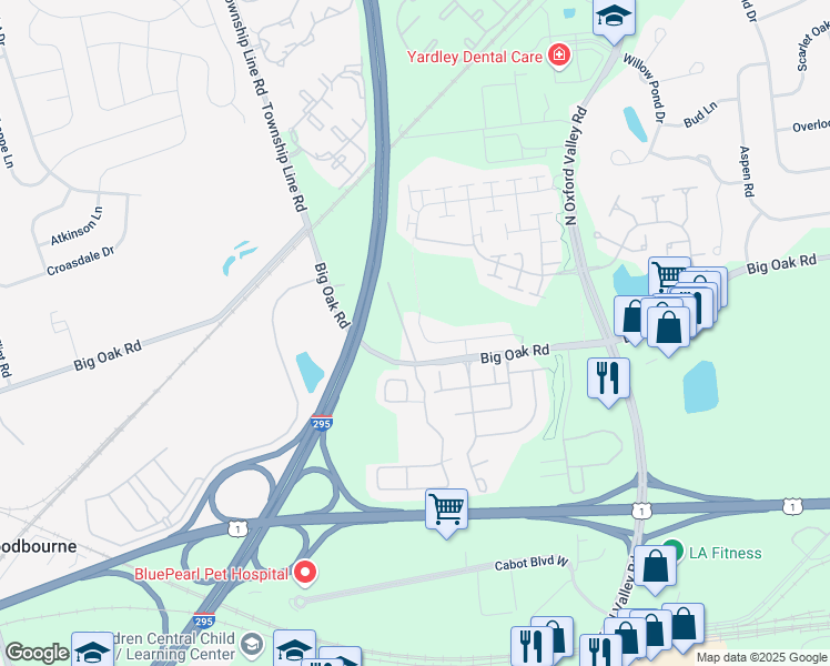 map of restaurants, bars, coffee shops, grocery stores, and more near 14 Griffin Way in Yardley