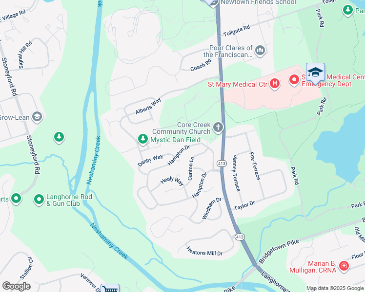 map of restaurants, bars, coffee shops, grocery stores, and more near 222 Hampton Drive in Langhorne