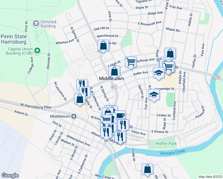 map of restaurants, bars, coffee shops, grocery stores, and more near 13 West Water Street in Middletown