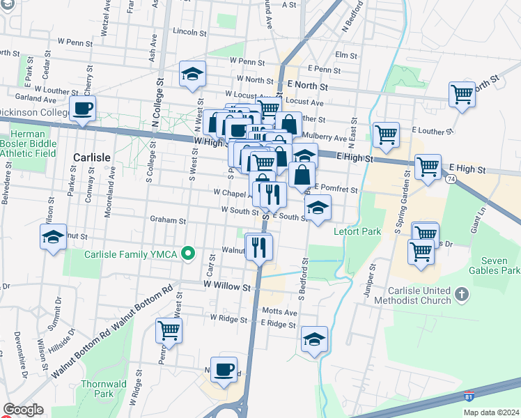 map of restaurants, bars, coffee shops, grocery stores, and more near 5 West South Street in Carlisle