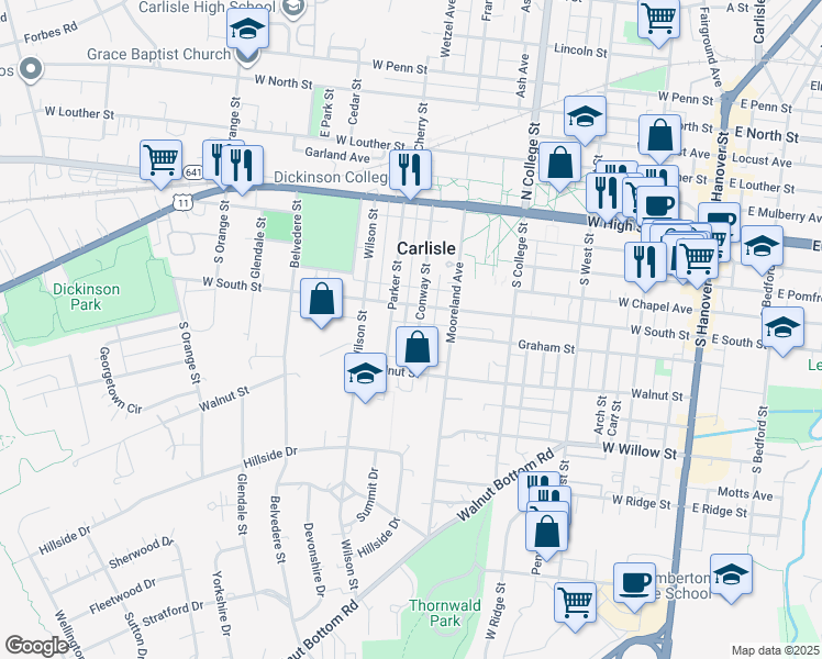 map of restaurants, bars, coffee shops, grocery stores, and more near 227 Conway Street in Carlisle