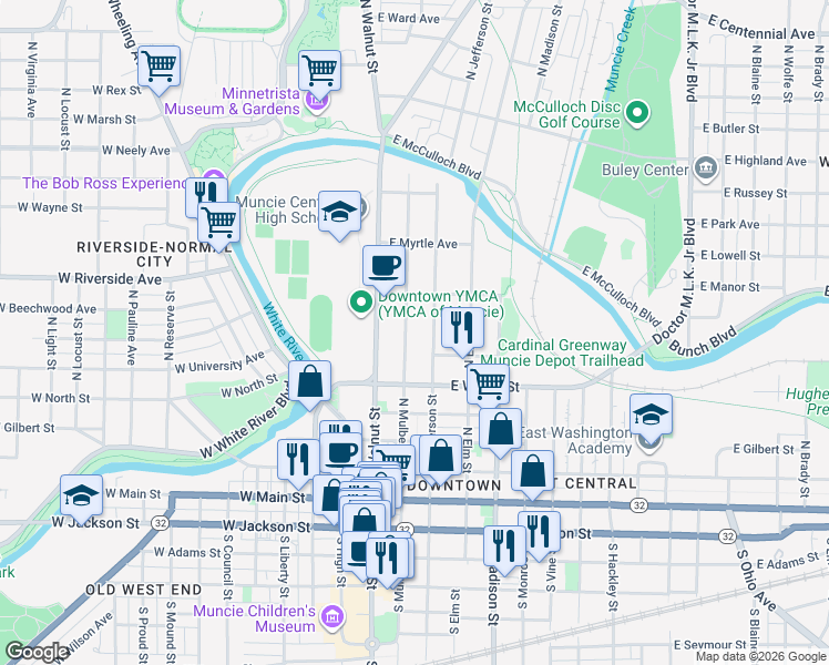 map of restaurants, bars, coffee shops, grocery stores, and more near 611 North Jefferson Street in Muncie